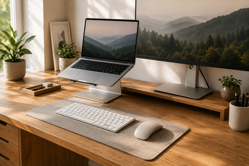 Laptop on a raised stand with external monitor, wireless keyboard and mouse in an organized home office.