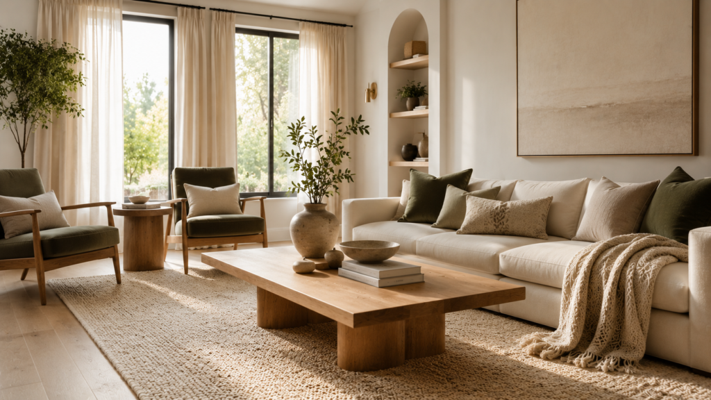 Living room with textured throw blanket, properly sized area rug and layered coffee table decor.