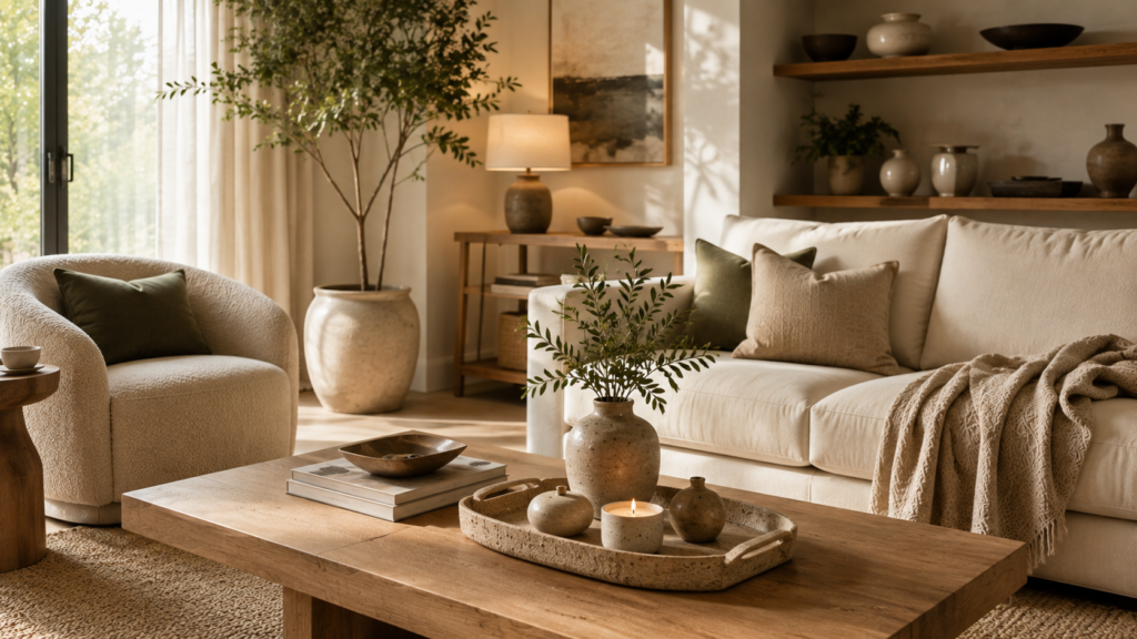 Living room decor with decorative tray, indoor greenery and layered wood, linen, ceramic and woven textures.
