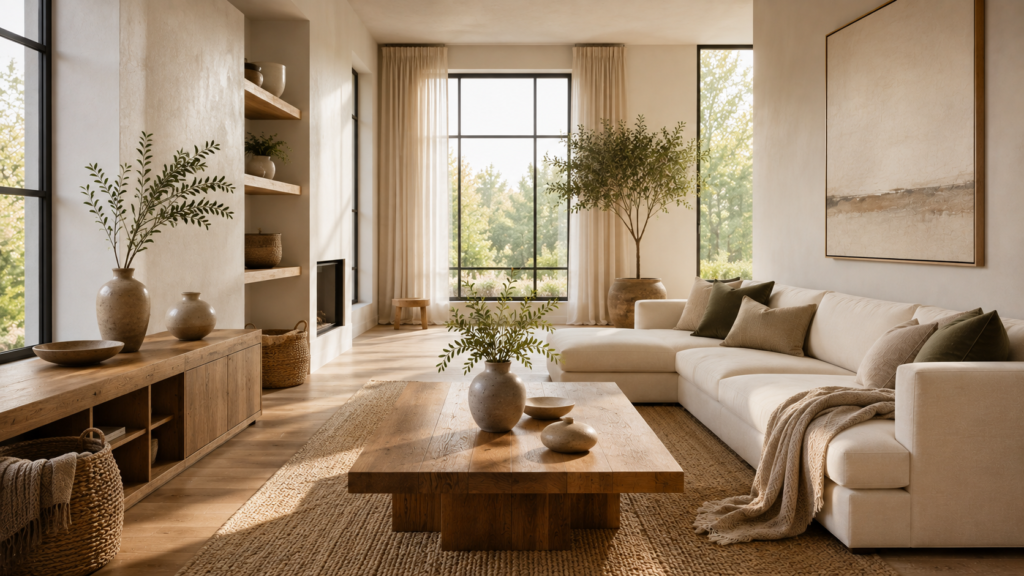 Uncluttered living room with sculptural ceramic decor, woven storage baskets and intentional minimalist styling.