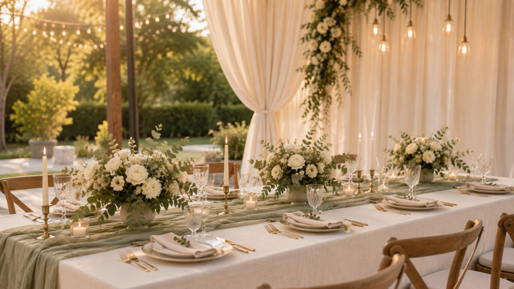 Wedding decor ideas featuring an elegant reception table with ivory linens, white florals, greenery, candles and warm romantic lighting.