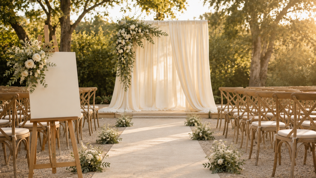 Elegant wedding photo backdrop and reception entrance leading to guest tables with low floral centerpieces.