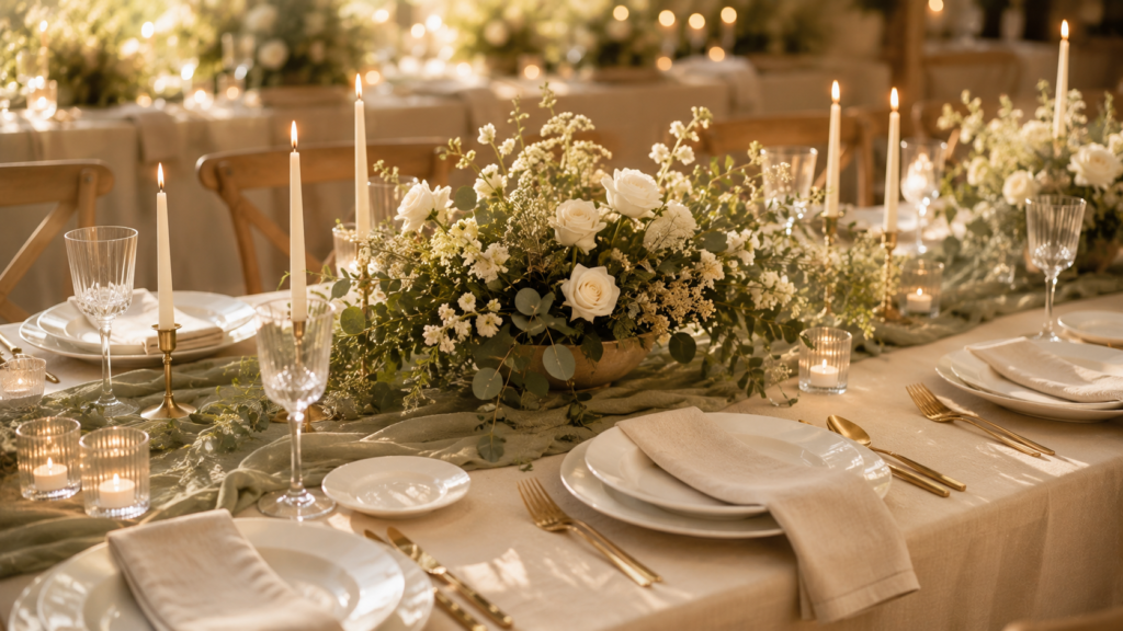 Wedding reception table with white floral centerpiece, candles, ivory linens and soft sage table runner.