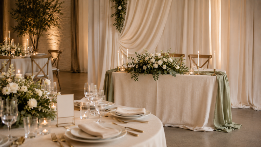 Elegant wedding place settings with table number detail and a minimalist sweetheart table with florals and candles.