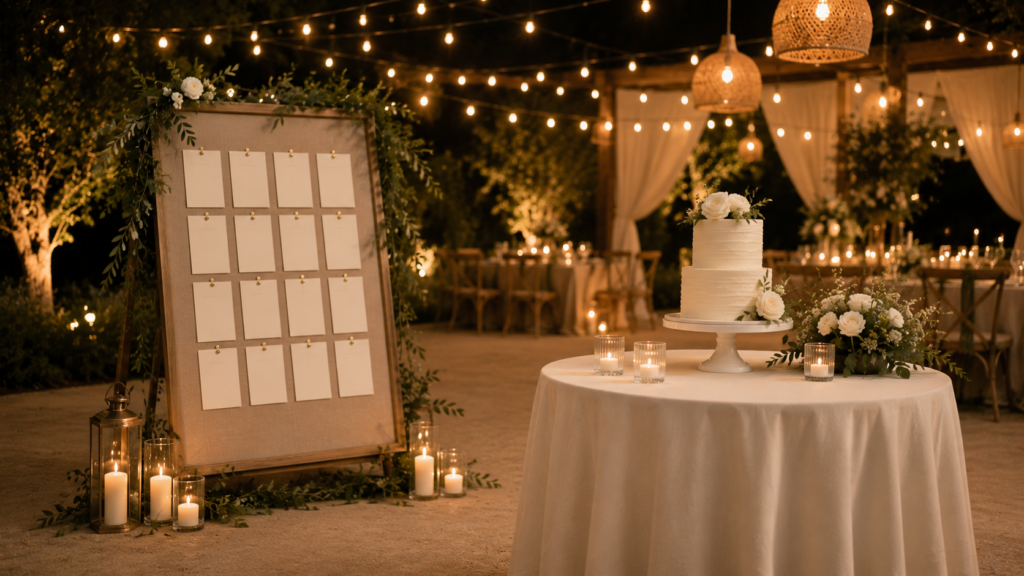 Elegant wedding reception with warm lighting, minimalist seating chart and simply styled wedding cake table.
