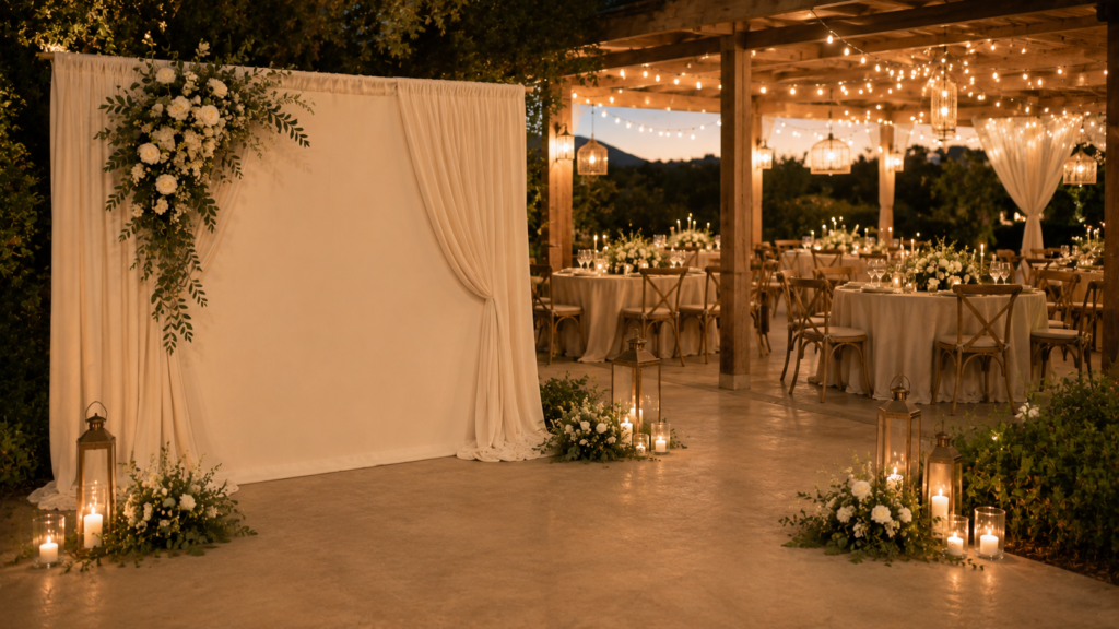 Elegant wedding photo backdrop and reception entrance leading to guest tables with low floral centerpieces.