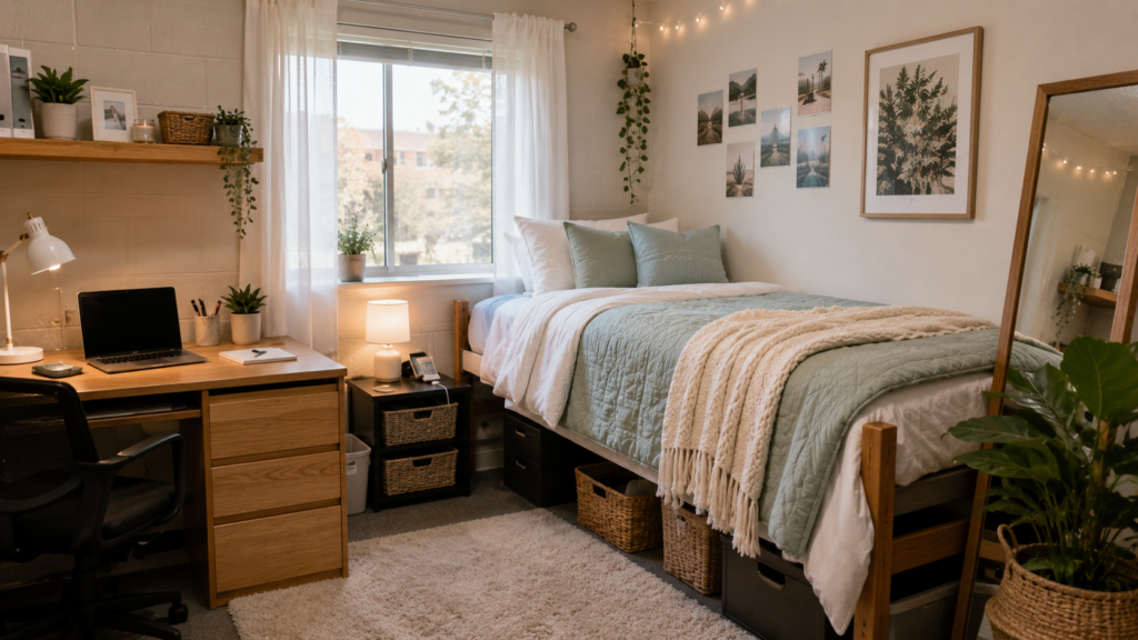 Dorm room decor ideas featuring cozy bedding, organized desk space, warm lighting, storage, rug and simple wall decor.