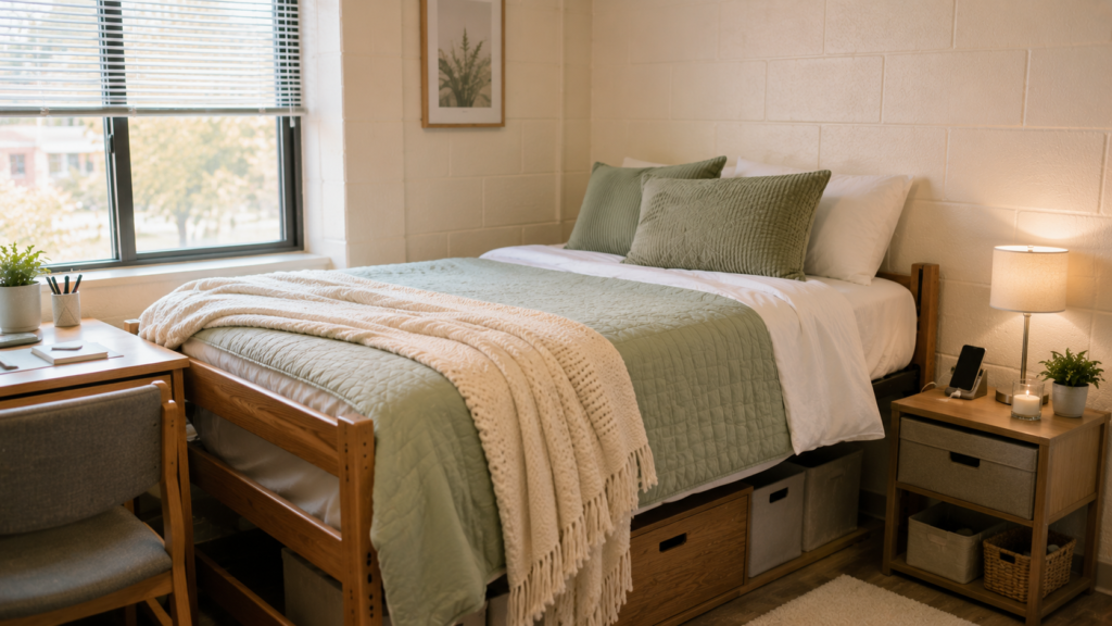 Starting with a simple color palette and comfortable bedding can give a basic dorm room an immediately more coordinated feel.