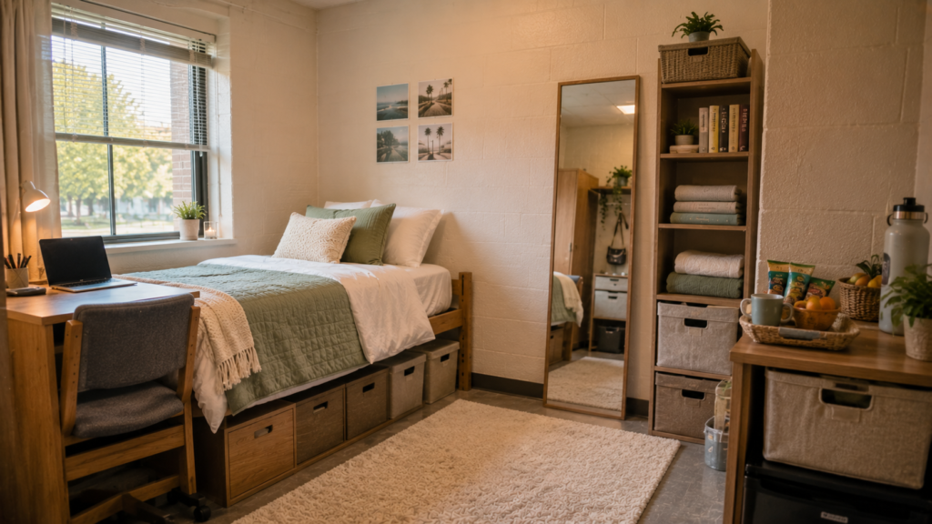 Small dorm room with vertical storage, full-length mirror and compact organized snack and beverage station.
