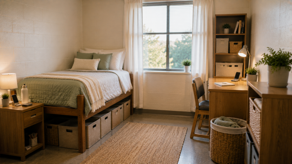 Uncluttered college dorm with neutral storage baskets, small green plants and open desk and floor space.