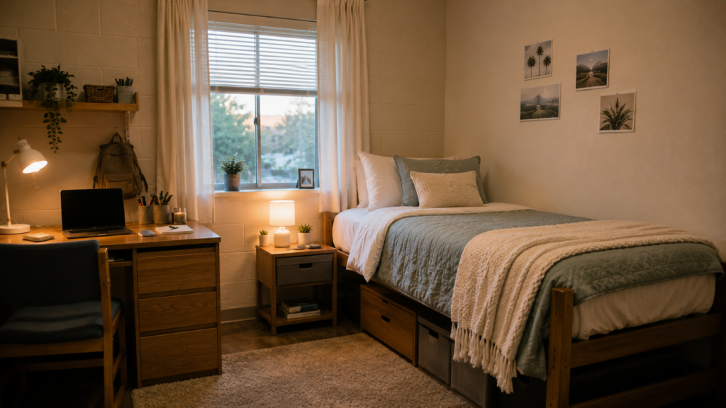 Cozy college dorm with soft area rug, warm bedside and desk lighting, and simple coordinated wall decor.