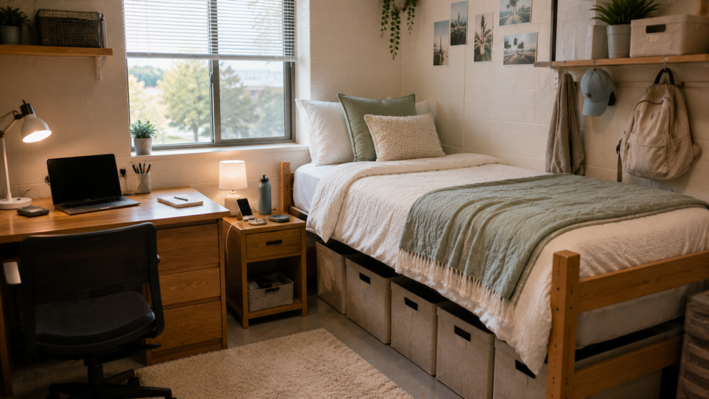Organized college dorm with compact bedside area, functional study desk and under-bed storage beneath a Twin XL bed.