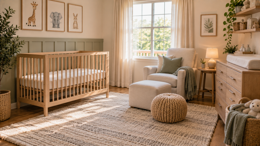 Nursery decor ideas featuring a simple crib, comfortable feeding chair, warm lighting, neutral rug, storage baskets and natural wood accents.