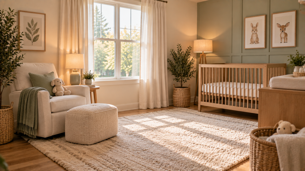Calm nursery with soft curtains, gentle layered lighting and a neutral textured area rug.