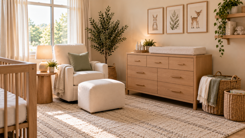Organized nursery with comfortable feeding chair, changing dresser and woven storage baskets.