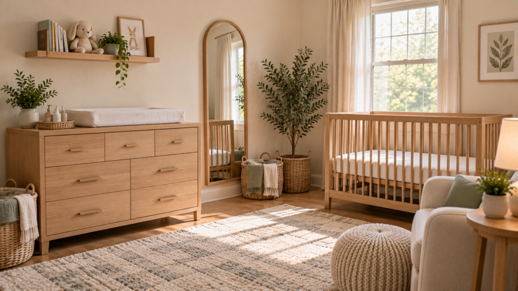 Organized nursery with closed storage, minimal wall shelving and a simple decorative mirror.