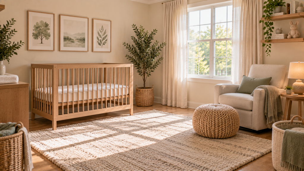 Neutral nursery with natural wood textures, safely positioned greenery and open floor space designed to grow with a child.