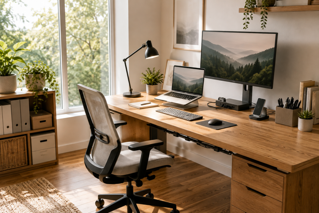 Home office essentials in an organized workspace with desk, chair, monitor, laptop stand, lighting and storage.