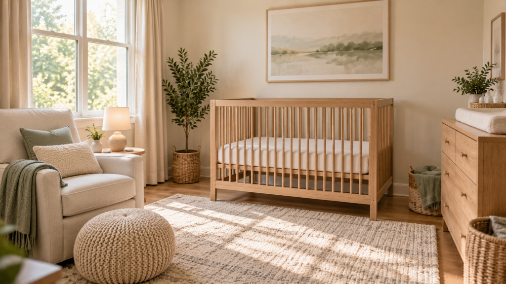 A calm palette, intentionally simple crib area and one thoughtful wall focal point can give a nursery a peaceful foundation.