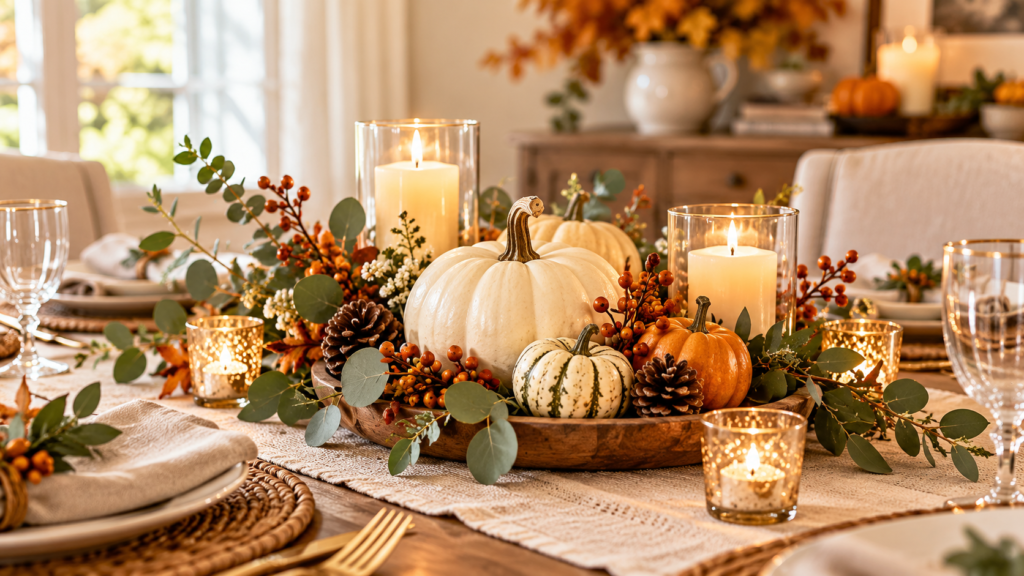 Thanksgiving centerpiece with white and orange mini pumpkins, eucalyptus greenery, pinecones, berries, and glowing candles on a neutral table runner.