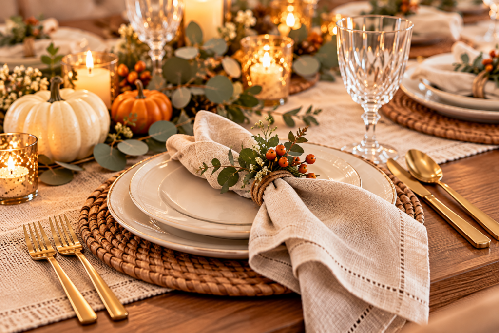 Thanksgiving place setting with a folded beige linen napkin, greenery, cream plates, woven charger, and gold flatware.