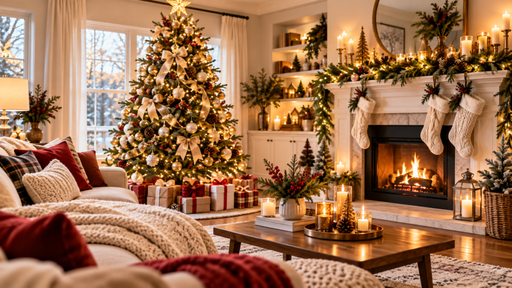 Elegant Christmas decorating ideas featuring a cozy living room with a decorated tree, warm lights, festive garland, fireplace, and wrapped gifts.