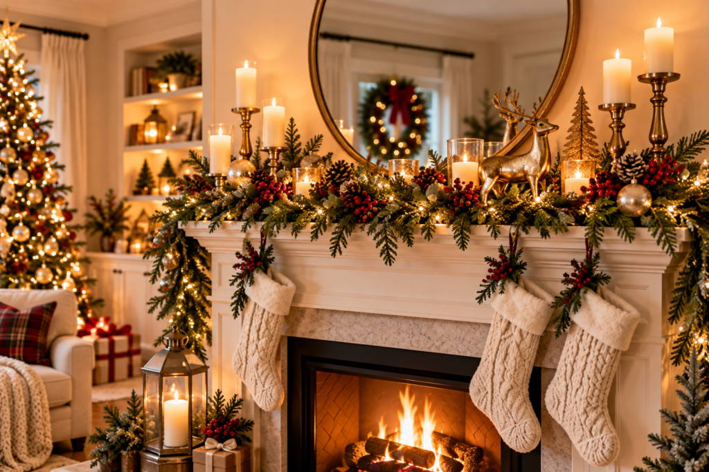 Elegant Christmas fireplace mantel decorated with evergreen garland, warm lights, gold accents, white stockings, candles, and festive ornaments.