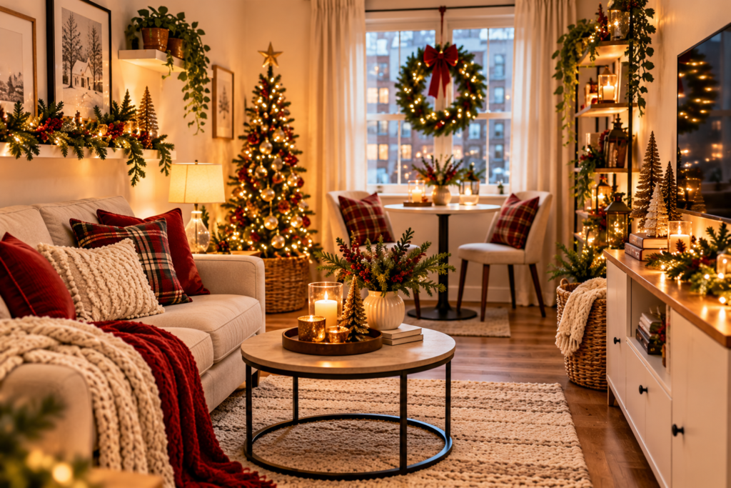 Cozy small apartment living room decorated for Christmas with a compact tree, illuminated wreath, festive pillows, greenery, and warm holiday lights.