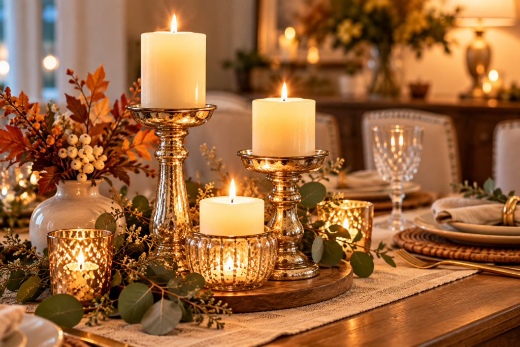 Three ivory pillar candles on gold-toned holders of different heights, surrounded by autumn greenery and warm votive lights on a Thanksgiving table.