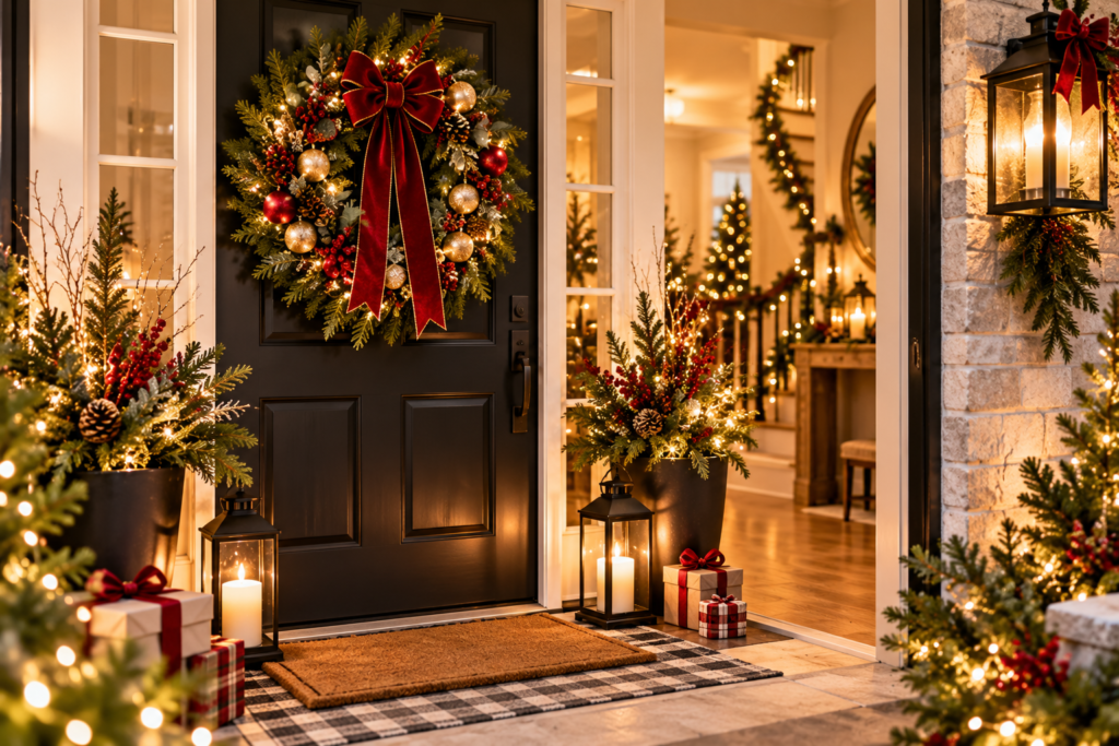 Elegant Christmas front entrance with a black door, evergreen wreath, burgundy bow, festive planters, warm lights, and decorative lanterns.