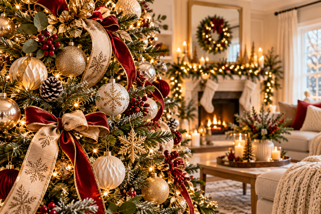 Close-up of an elegant Christmas tree decorated with burgundy ribbons, gold and ivory ornaments, pinecones, and warm white lights.