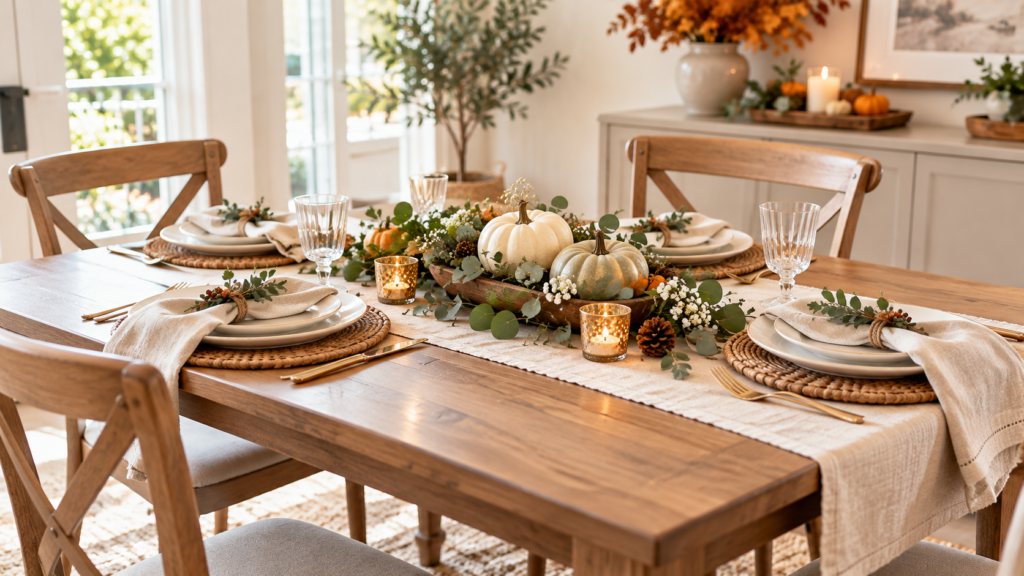 Budget-friendly Thanksgiving table for four with cream linens, white pumpkins, sage greenery, and neutral dinnerware