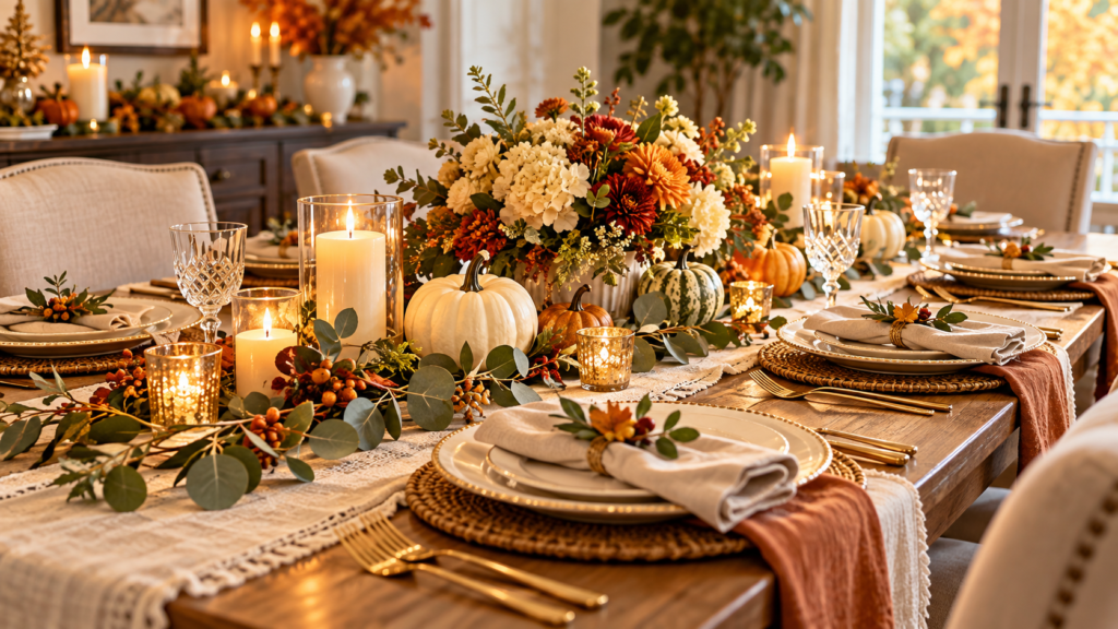 Elegant Thanksgiving table decor ideas featuring autumn flowers, mini pumpkins, candlelight, neutral linens, and gold-accented dinnerware.